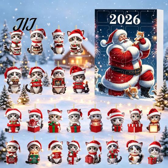 Decorative Acrylic Cat Figurines for Windows 2026 Advent Calendar, 24 Days Christmas Countdown Calendar with Tree Decorations Hanging Ornaments