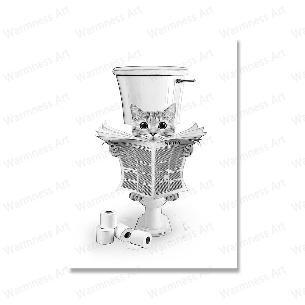 Animals Shark Pig Donkey Cat In Toilet Reading Newspaper Poster Canvas Painting Print Funny Wall Art Picture Kids Bathroom Decor