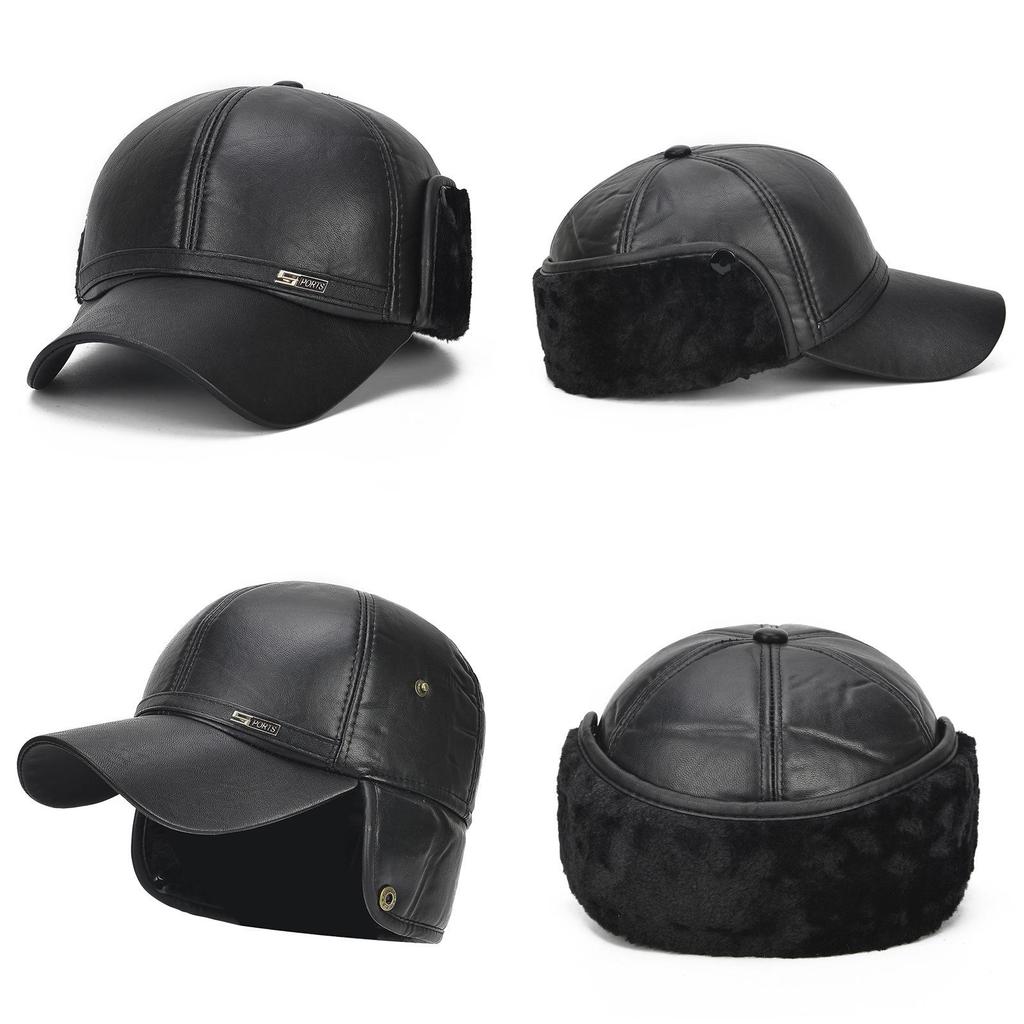 Premium Quality Faux Leather Bomber Trapper Ear Warm Cap For Elderly Men