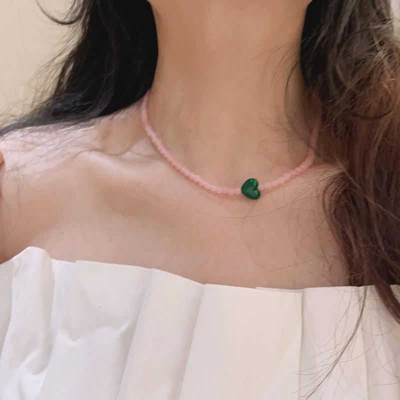 Macaron Ice Through Pink Green Natural Stone Beaded Love Necklace Female Personality Unique Temperament Versatile Neck Chain Collarbone Chain