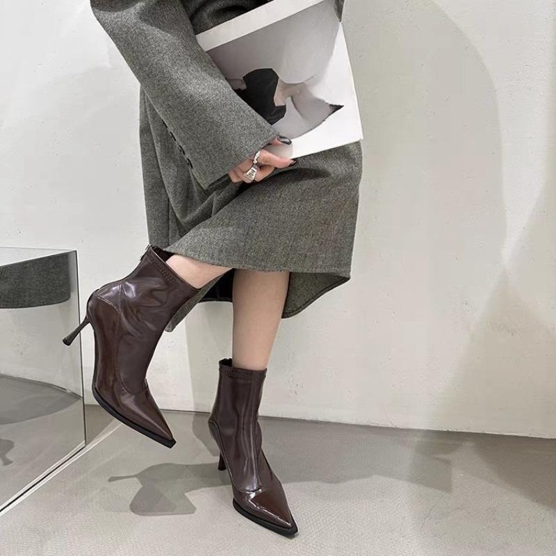 Fashion Fashion Skinny Heel Skinny Boots Women's Fashion Pointed Toe Rear Zipper Anti-Slip Wear-Resistant Short