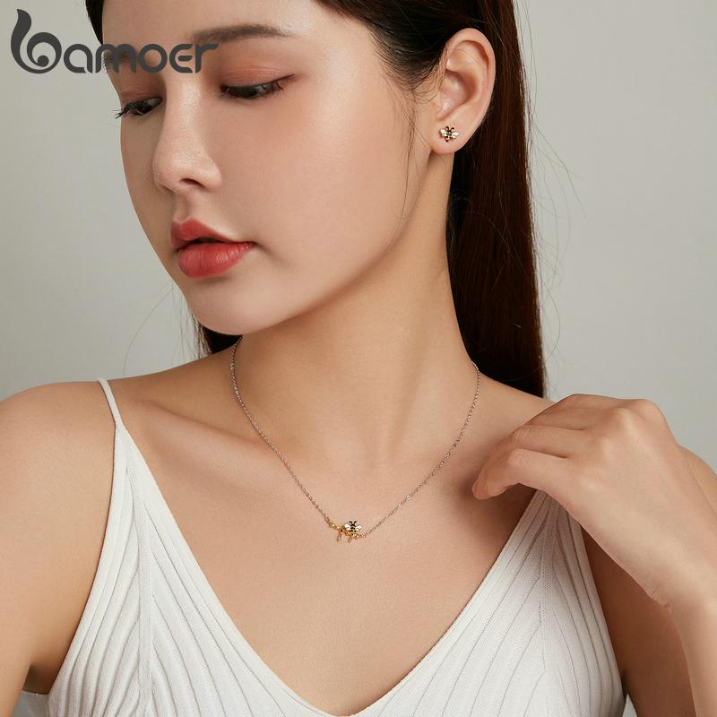 Bamoer 925 Sterling Silver Enamel Bumblebee and Sweet Honey Shiny Necklace and Earring Studs for Women Fashion Jewelry Set