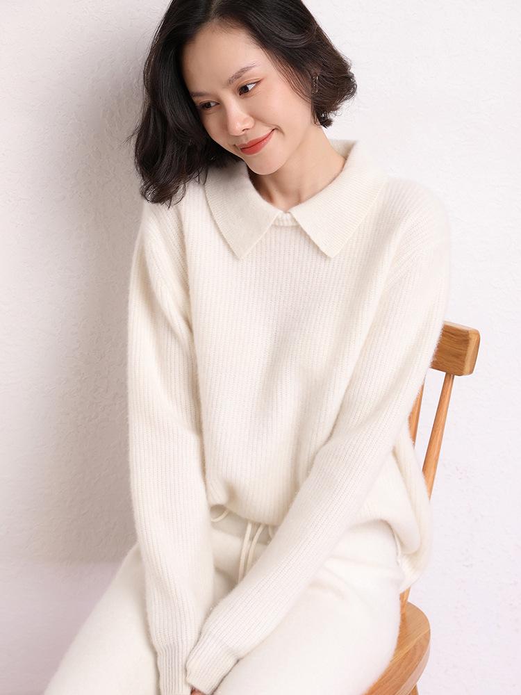 Women's Solid Color Lapel Cashmere Sweater - 2026 Autumn/Winter Collection, Gentle Style, Loose Fit, Slimming, Warm Knit Base Layer.