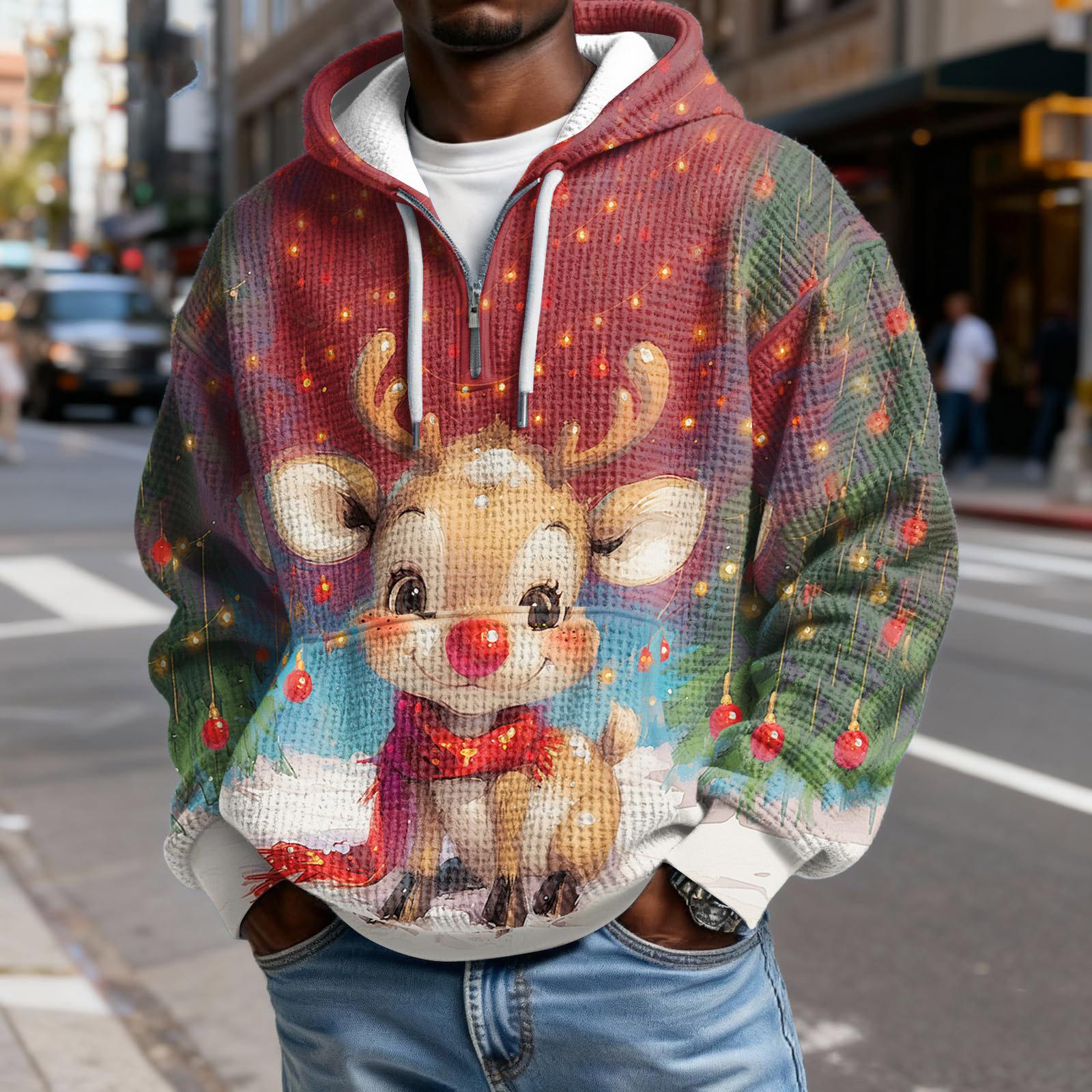 

Мужской Модный Трендовый Худи с капюшоном на половину молнии Пуловер Утепленный Флисовая текстура Толстовка XL арбуз красный