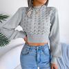 Women's Autumn and Winter Solid Color Hollow Striped Lantern Sleeve Crop Knit Sweater