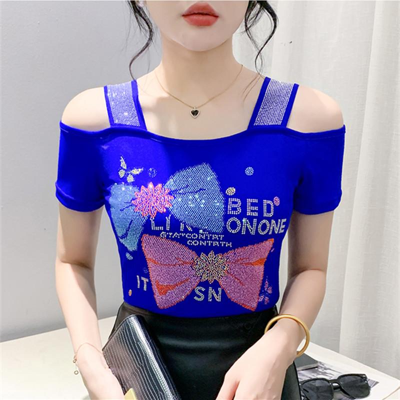 

Летняя женская футболка с бантом, буквами и блестящими горячими бриллиантами, сексуальный топ с открытыми плечами, облегающий, новая шикарная футболка с коротким рукавом 3XL синий