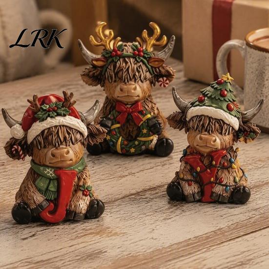 Wooden Holiday Tree Decorations 2/3Pcs Christmas Highland Cow Tabletop Sign, 2D Flat Yak Desktop Figurines Figurine Ornament with Garland Bow