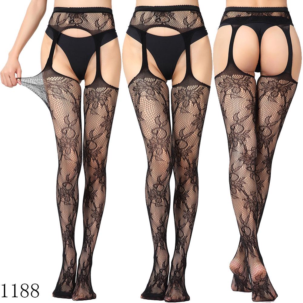 Sexy Elastic Fishnet Stockings with Garter Belt - Women's Open Crotch Fine Mesh Anti-Slip