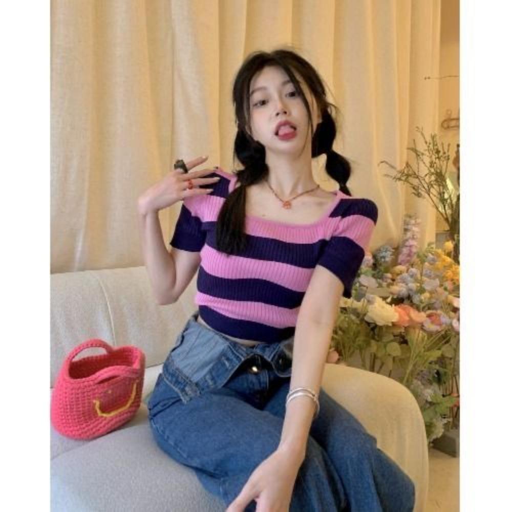 Rainbow Striped Knitted Short-sleeved Women's Pure Sexy Ice Silk Square Collar Design Top