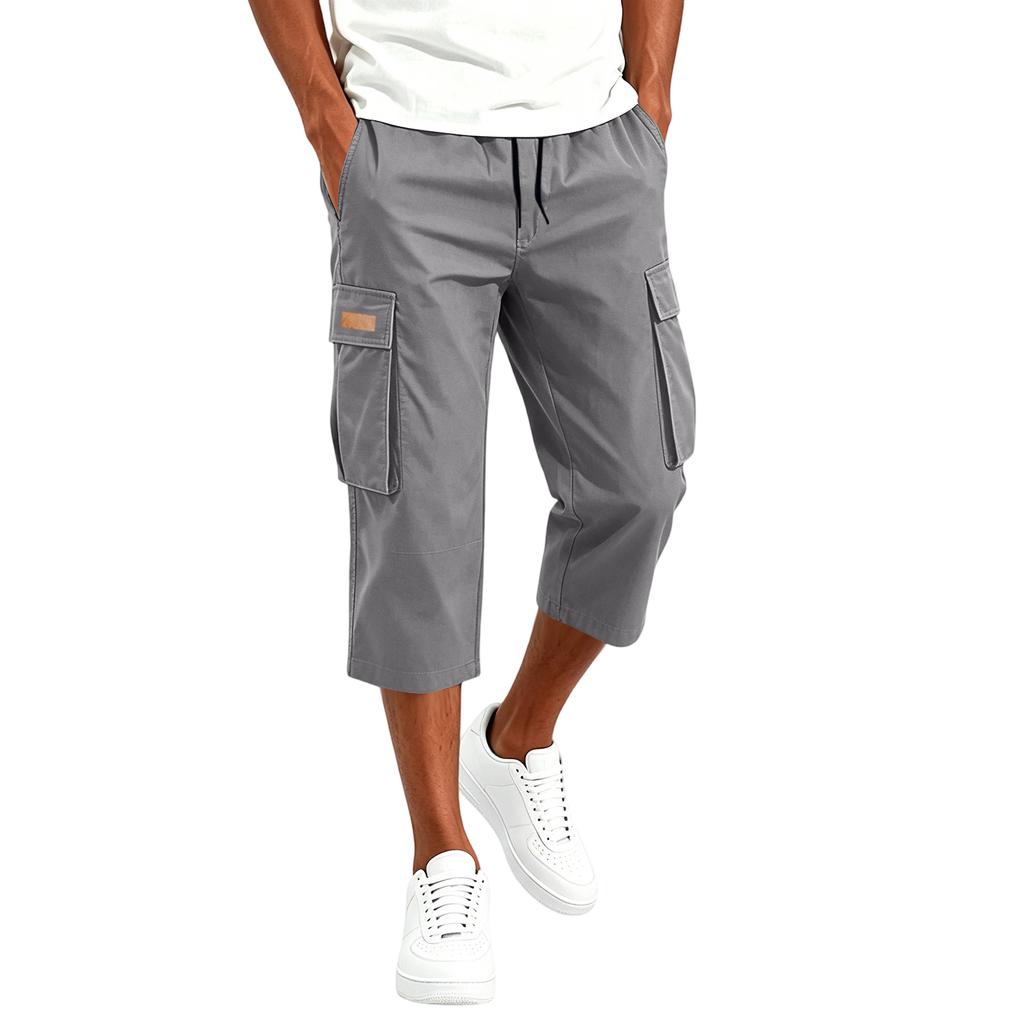 Men's Cargo Drawstring Pants Casual Multi Pocket Capri Work Trousers Lightweight Breathable Outdoor Utility Pants for Daily Wear