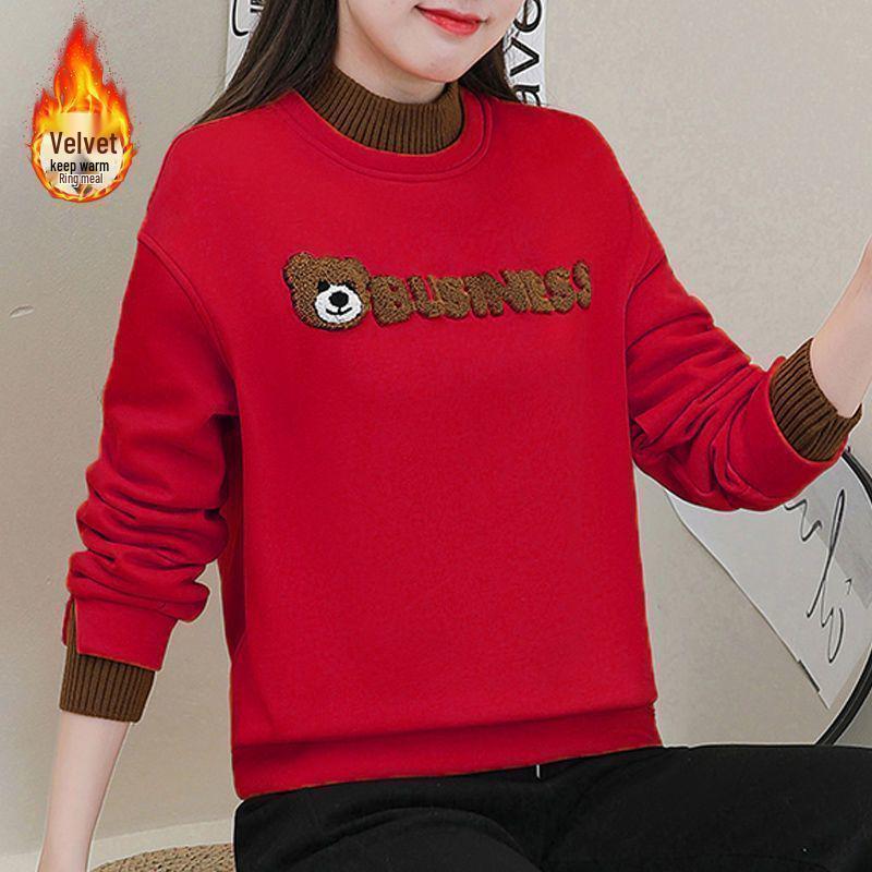 Plus Size Women's Fleece-Lined Bear Sweatshirt, Faux Two-Piece, Loose Fit, Slimming Round Neck, Autumn/Winter Jacket