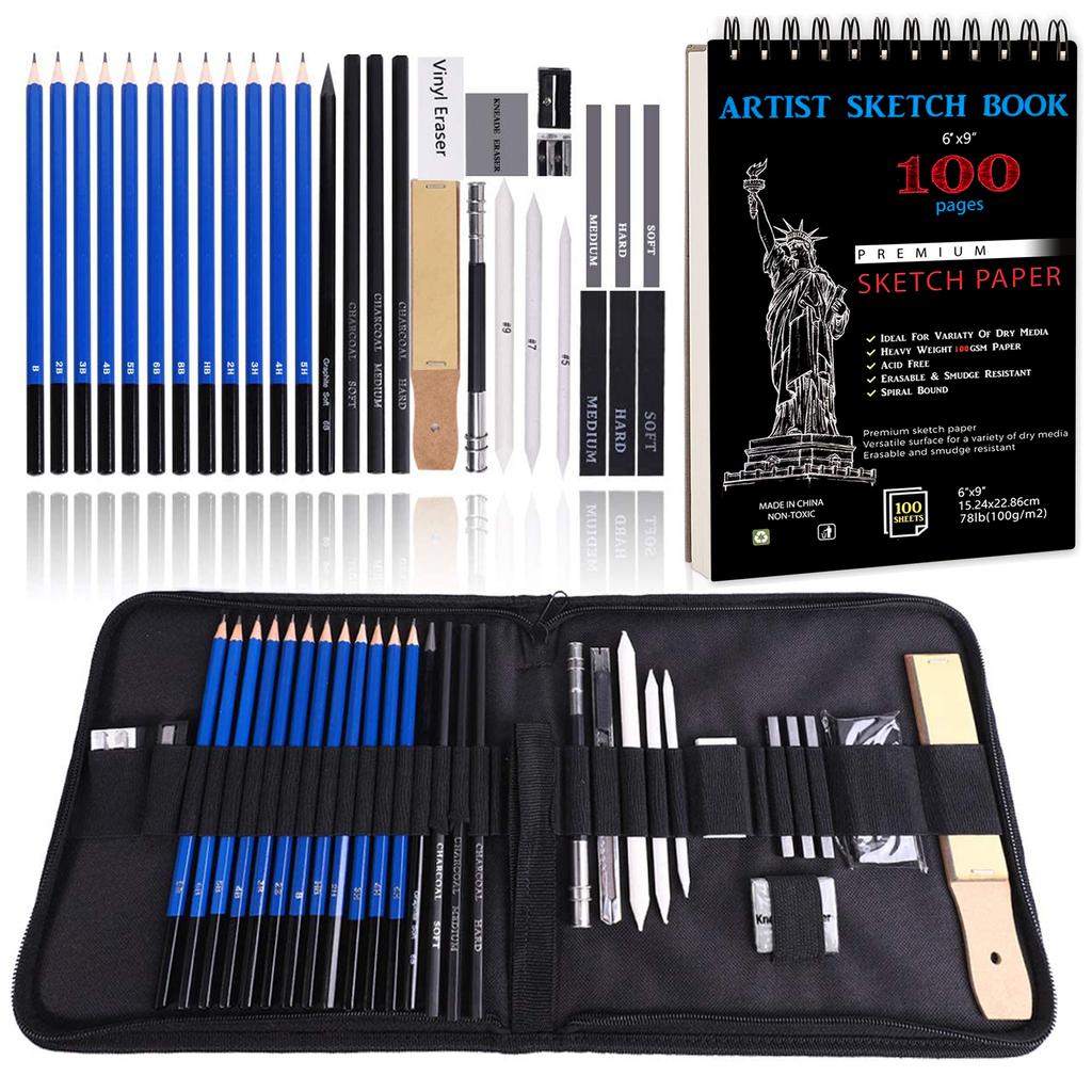 34 Pcs Sketch and Draw Pencil Set in Nylon Case for Sketching and Drawing With A5 Pad, 100 Pages and Various Accessory