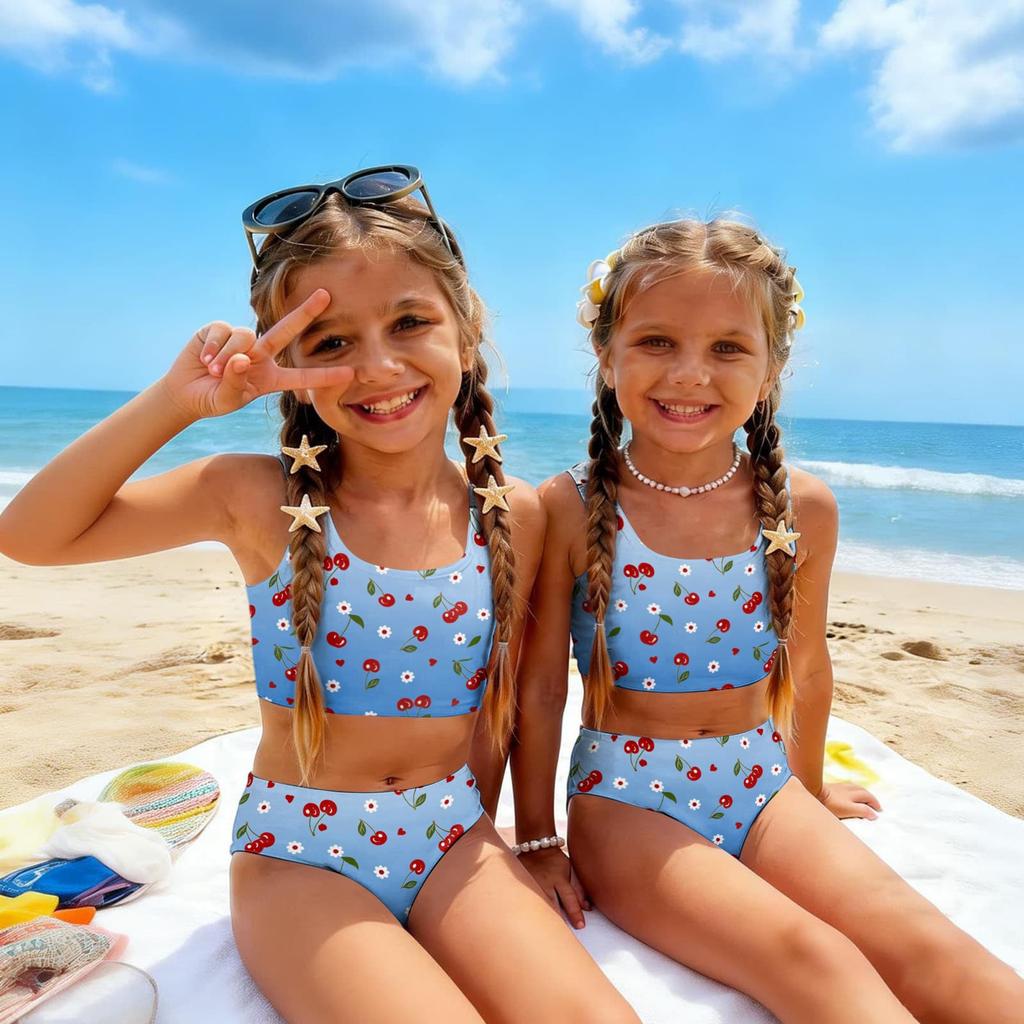 Girls Two Piece Swimsuit Set Tankini Top and High Waist Bottoms Fruit Print Summer Swimwear for Kids Comfortable Fit