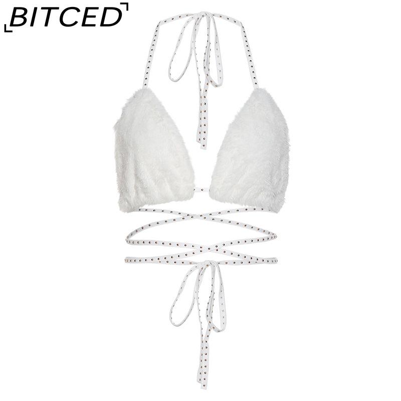 

BITCED Spring/Summer Women s Versatile Solid-Colour Fleece-Lined Halter Neck Tie-Front Sexy Bandeau Top M