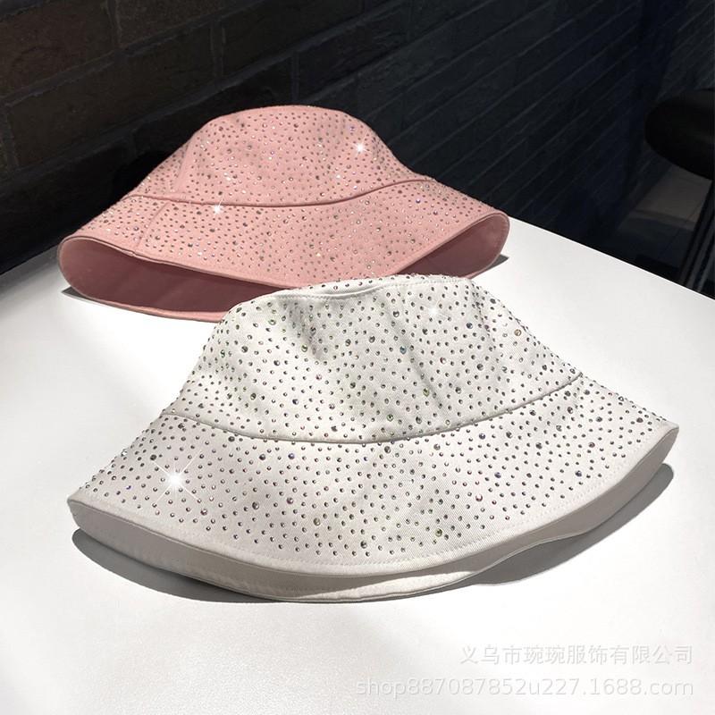 Womens Foldable Sun Hat With Rhinestone Embellishment Cotton Wide Brim Bucket Outdoor Travel