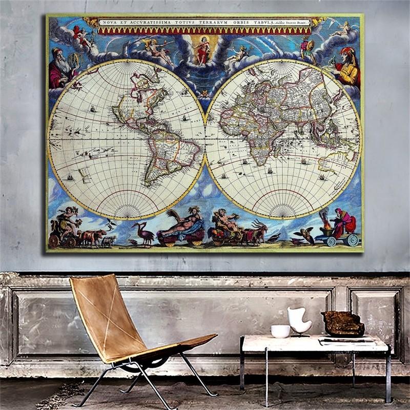 Vintage World Map Canvas Wall Art Retro Double Hemisphere Poster Print for Living Room Office Study Home Decoration Frameless