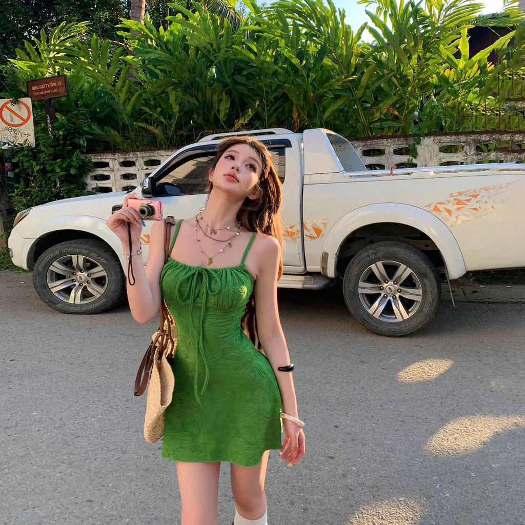 Island vacation wear French retro texture green lace-up jacquard suspender tube top dress short skirt women's summer