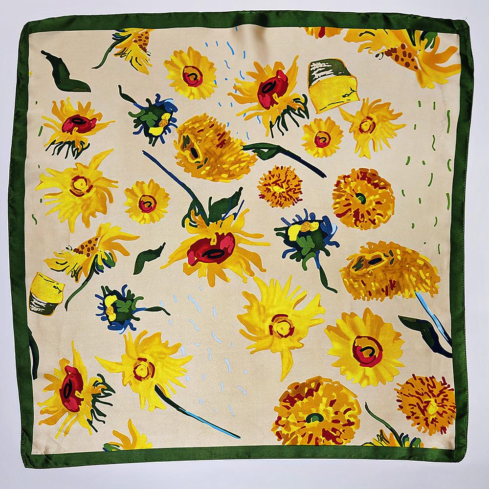 Small 70cm Sunflower Print Silk Satin Square Scarf for Women - Versatile and High-End Accessory