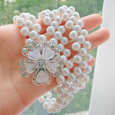 Pearl Belt for Women Fashion Rhinestone Floral Pearl Decorative Waist Chain Sweet Dress Elastic Belt Elegant Party Accessory