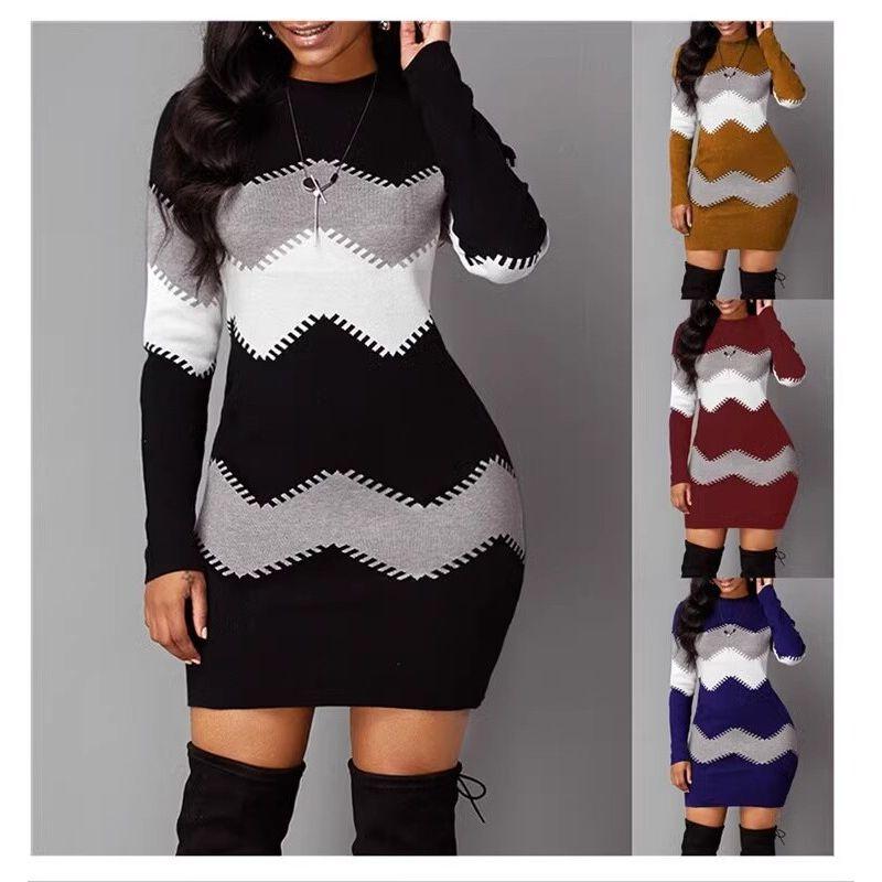 

2024long Sleeved Printed Knitted Buttocks up Dress Sheath Dress Pink L