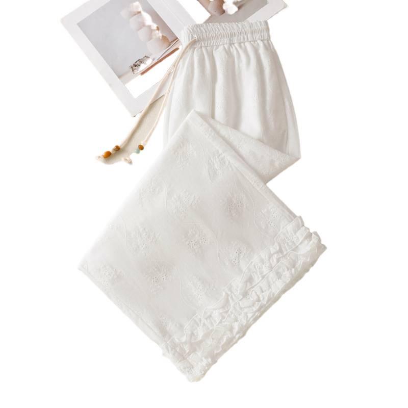 White Hollow Lace Embroidery Wide-Leg Pants with Drawstring - Women's Loose Fit