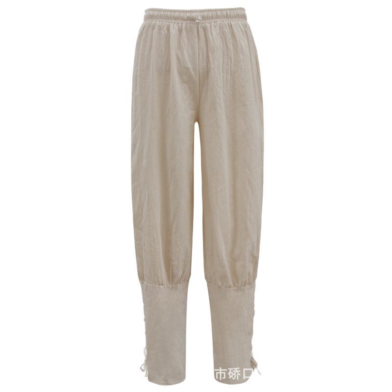 

Medieval Style Solid Color Loose Casual Pants with Small Leg Straps White Strappy Trousers S