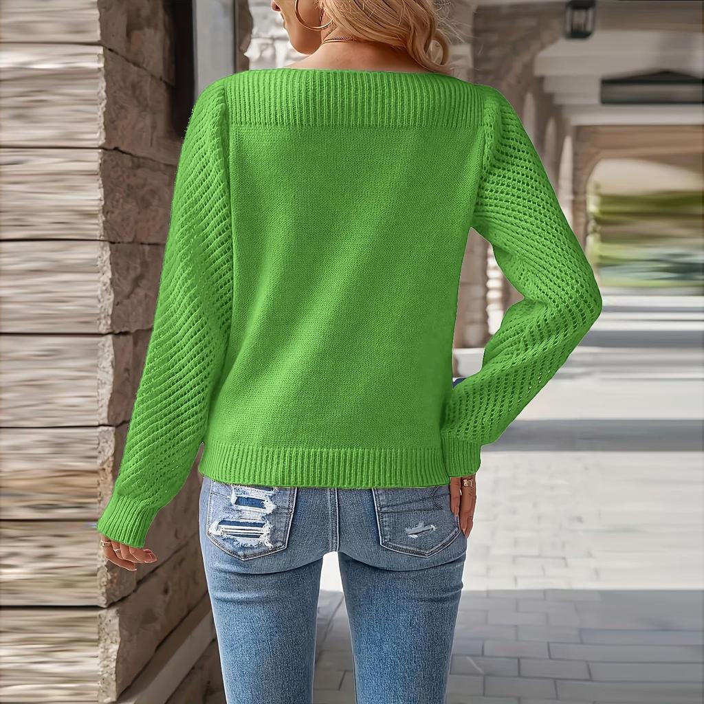 Women's Fashionable Casual Openwork Long-Sleeved Off-the-Shoulder Pullover Knit Top