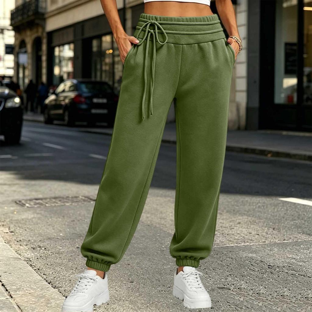 Women's Casual Color Pants with Elastic Waist Drawstring and Pockets for Everyday Wear