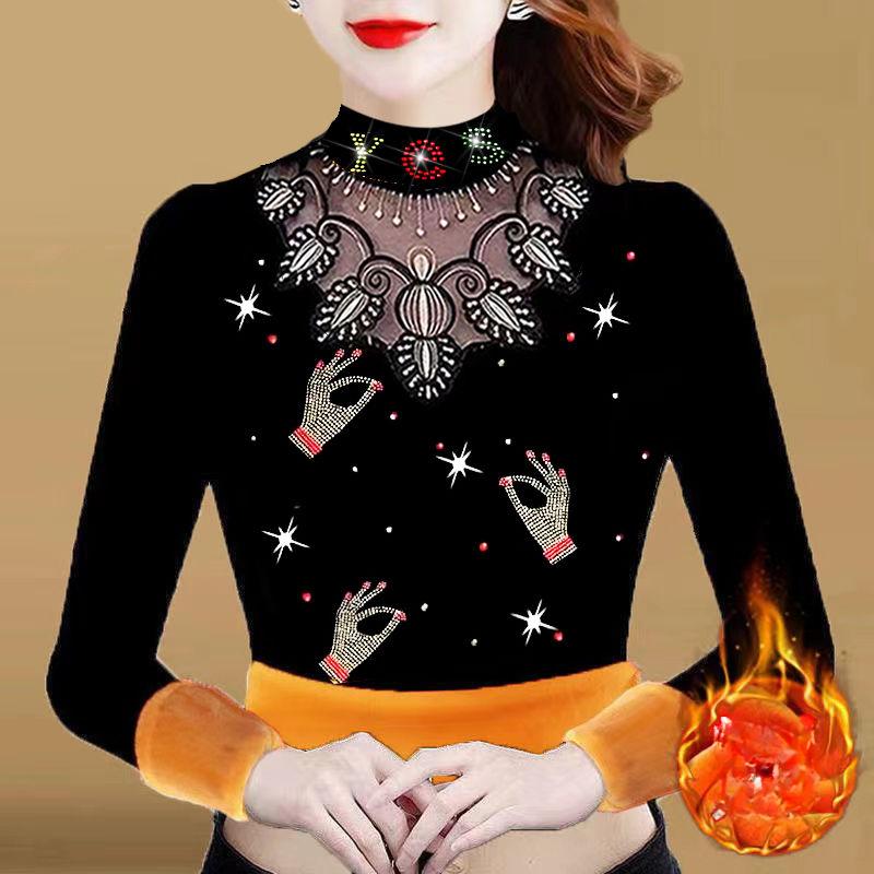 

Женская флисовая рубашка-подкладка, осенне-зимняя футболка с длинными рукавами и принтом, облегающая теплая кружевная основа, пуловер, топ 4XL