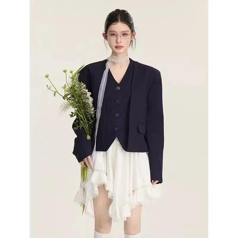 Spring Autumn Women s Cropped Blazer V-Neck Single Breasted Casual Suit Jacket S чёрный