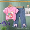 Girls Summer Cute Cartoon Short Sleeve Tee And Bow Knot Jeans Two Piece Set Casual Outfit