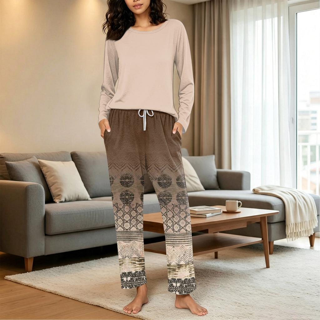 Women's Loose Fit Printed Pajama Set with Round Neck for Casual Sleepwear