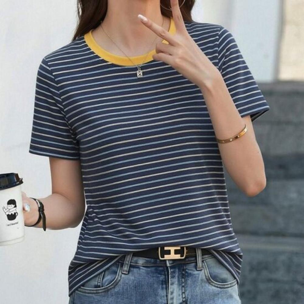 Navava Women Casual Daily STripe Round Neck ShorT Sleeve T shirT nT3347