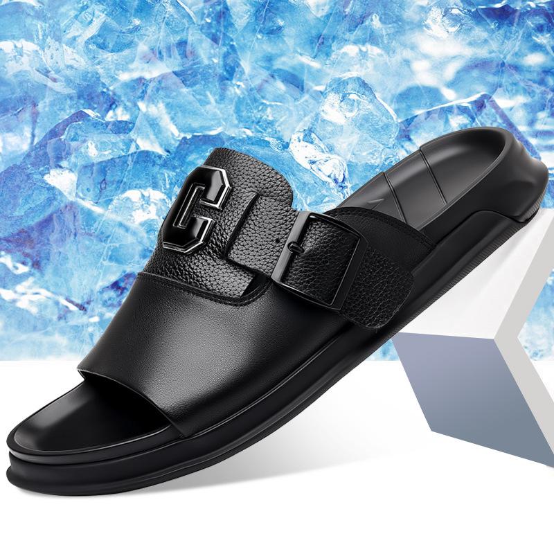 Fashion Men Outwear Genuine Leather Slippers for Men Fashion Buckle Designer Summer Flip-flops Male Casual Non-slip Beach Shoes Man