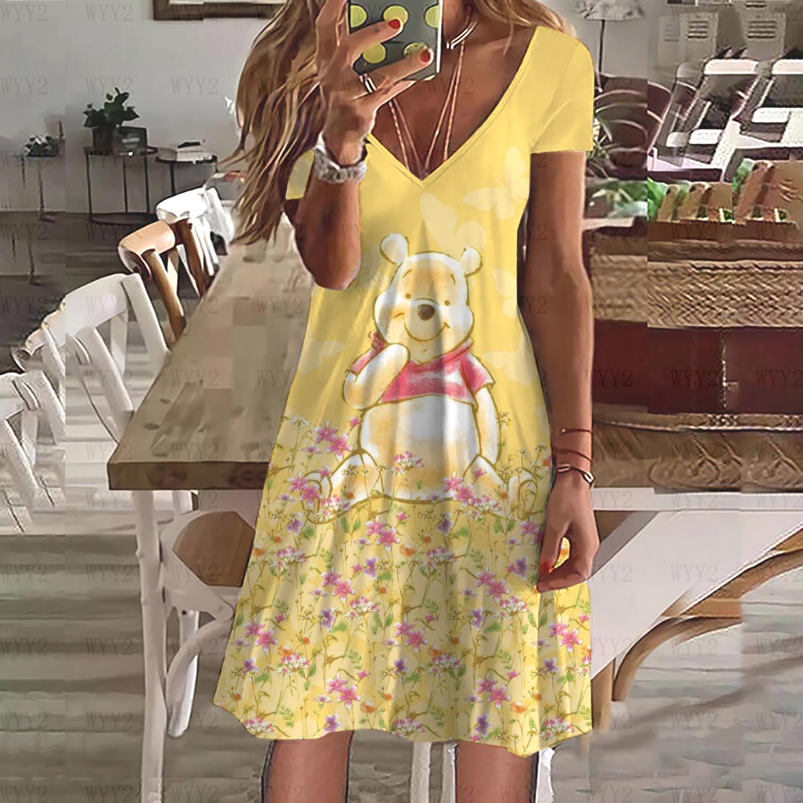 

Летнее женское платье с V-образным вырезом и коротким рукавом, повседневное, с принтом Disney Winnie the Pooh, женская простая пляжная ветреная одежда 8XL