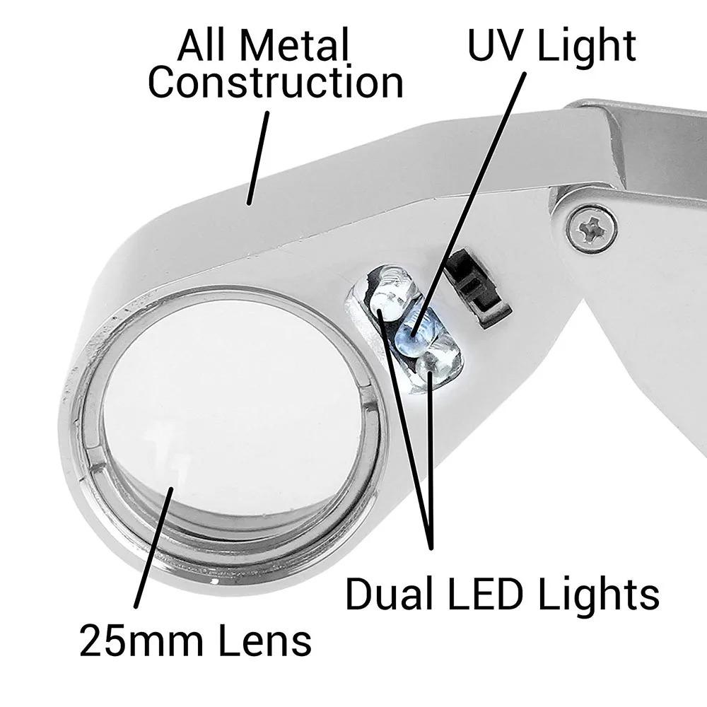 40X Illuminated Jeweler Loupe with LED UV Light Magnifier Optical Glass Metal Body for Jewelry Appraisal and Watch Repair