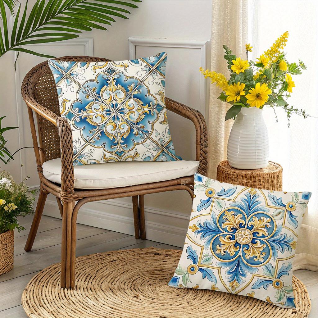1/4pcs Bohemian Blue Gold Floral Tile Throw Pillow Covers Vintage Mediterranean Style Cushion Cases for Home Sofa Bedroom Decor