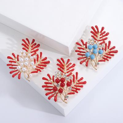 Trend Drip Oil Red Coral Pearl Brooch Temperament Fashion Haute Coat Sweater Clothing Accessory Pin