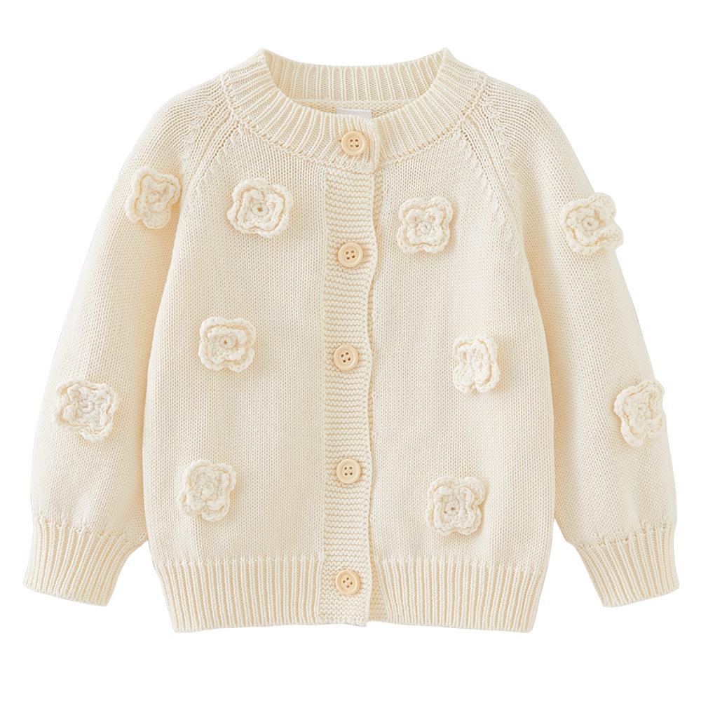 Spring and Autumn Round Neck Handmade Flower Children's Knitted Cardigan Long Sleeve Jacket Girls Baby Sweater