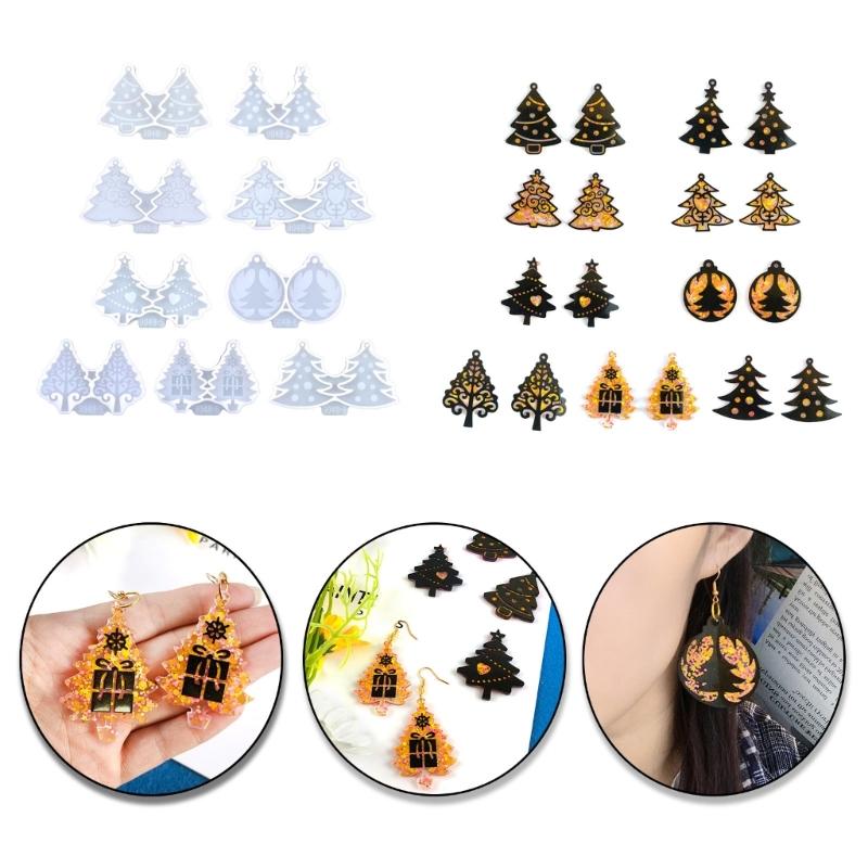 9 Pcs Diy Christmas Tree Assembled Earrings Mold Crystal Epoxy Diy Decorative Pendants Jewelry Resin Mold for Crafts