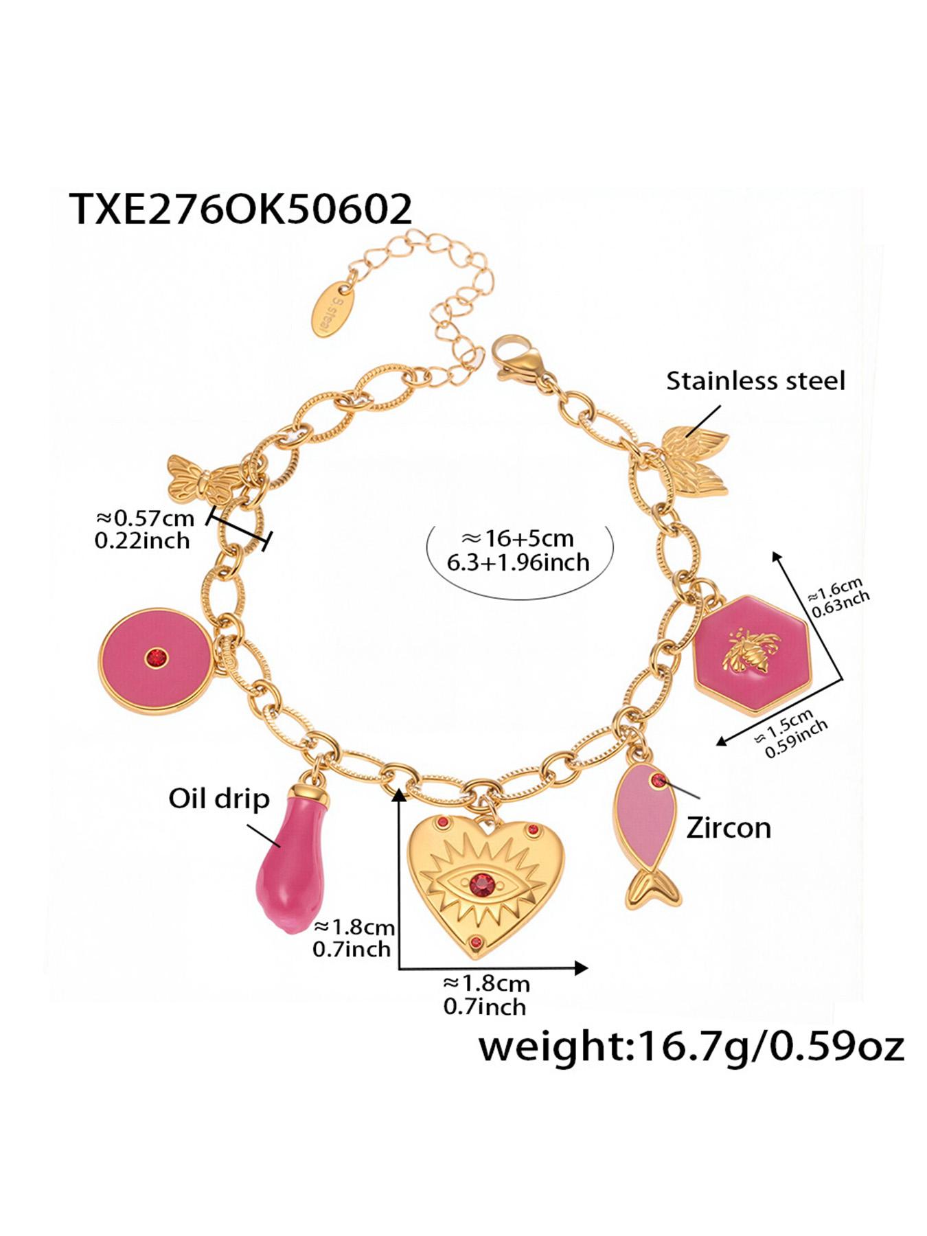 

316 Stainless Steel Gold Plated 18K Heart Pendant Necklace Pink Black Enamel Luxury Zircon butterfly Bracelet Women Zircon Set