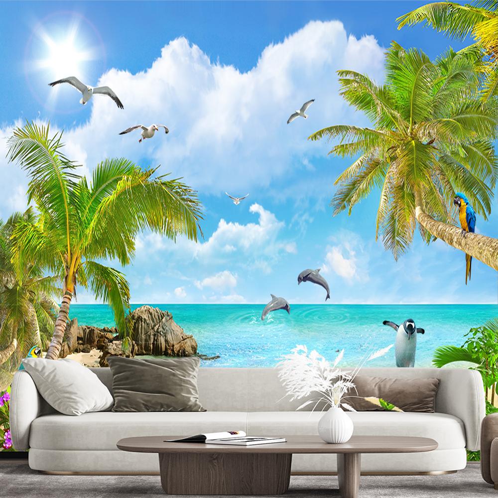 3d Coconut Palm Wall Murals Beach Wallpaper For Walls Living Room Bedroom Summer Scenery Beach Mural