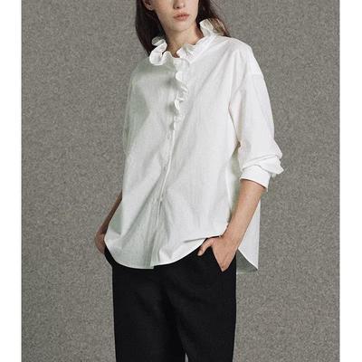 Elegant French Wood Ear Collar White Cotton Long Sleeve Women's Shirt - 2026 Early Spring Collection