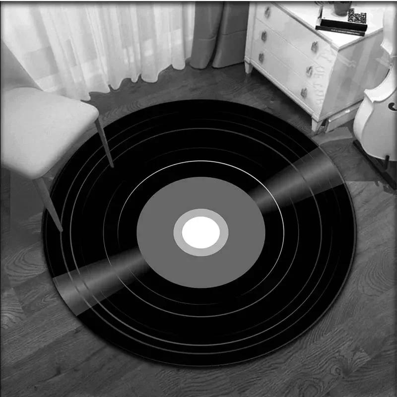 Schallplatten Musik-CD Muster Runder Teppich Retro Fußmatte Wohnzimmer Schlafzimmer Dekorative Anti-Rutsch Freizeit Bodenmatte Mode Bereichsteppich