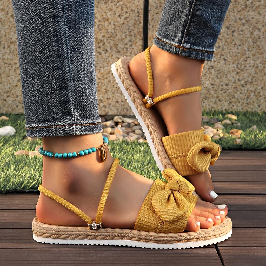 Fashion Fashion Corduroy Bow Flat Sandals Women Lightweight Non Slip Outdoor Slippers Woman 2025 Summer Casual Soft Sole Beach Sandals