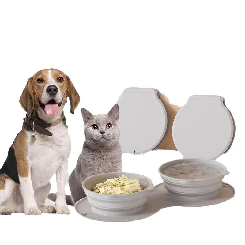Silicone folding pet bowl Silicone cat and dog pet anti-choking double food bowl Outdoor pet portable dog bowl