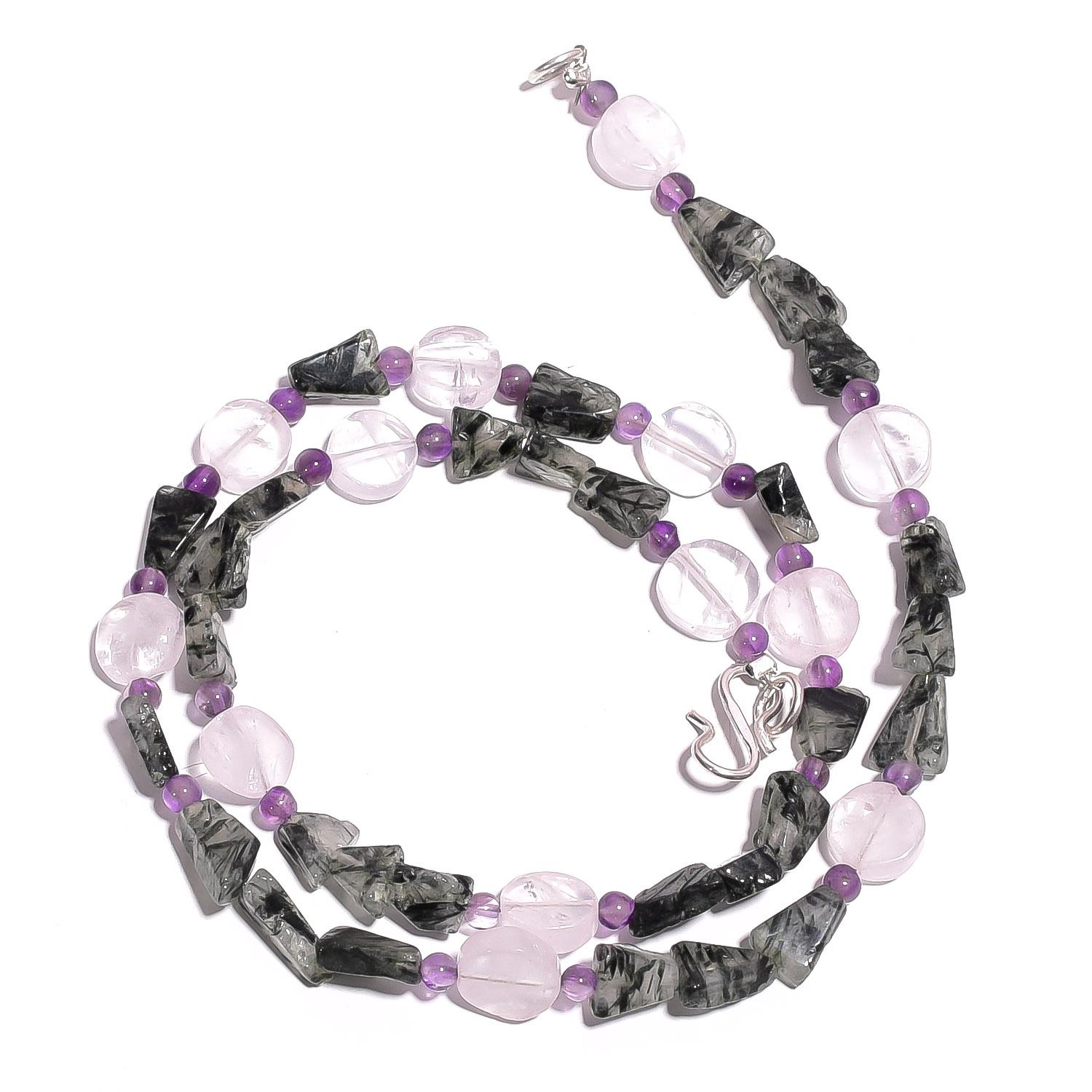 

Natural Rutile & Rose Quartz Amethyst Gemstone Smooth Beads Necklace 17 UB-4101 UB-4101