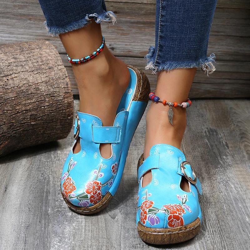 Women Print Flower Slippers Summer Fashion Flat Bottom Sandals Women Candy Color Flower Ethnic Style Slippers