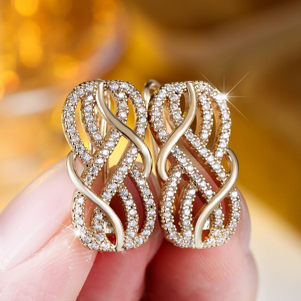 Temperament Cubic Zirconia Hollow Crossed Drop Earrings for Women Fashion Gold Color Engagement Earrings Daily Party Jewelry