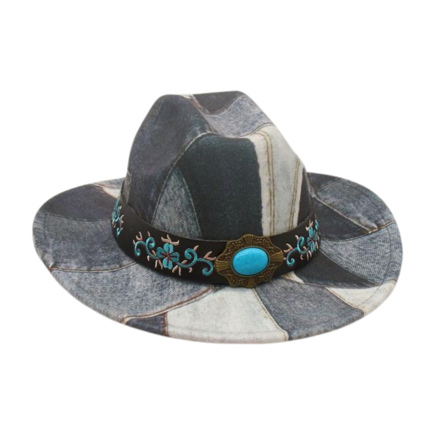 

Design Sense Color Matching Embroidered Jazz Hat Retro Western Cowboy Top Hat Stage Catwalk Concave Stage Hat [one-top] one size